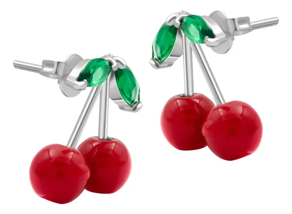 Aretes Broquel Plata 925 Diseño Cereza Roja Fina - Imagen 1