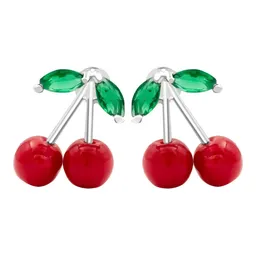 Aretes Broquel Plata 925 Diseño Cereza Roja Fina - Imagen 2