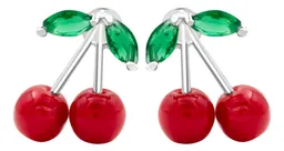 Aretes Broquel Plata 925 Diseño Cereza Roja Fina - Imagen 2