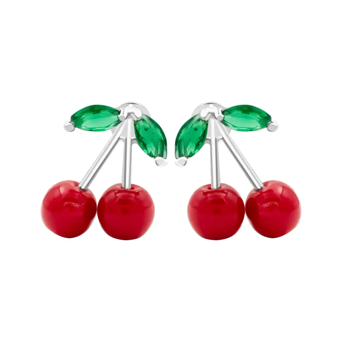 Aretes Broquel Plata 925 Diseño Cereza Roja Fina - Imagen 2