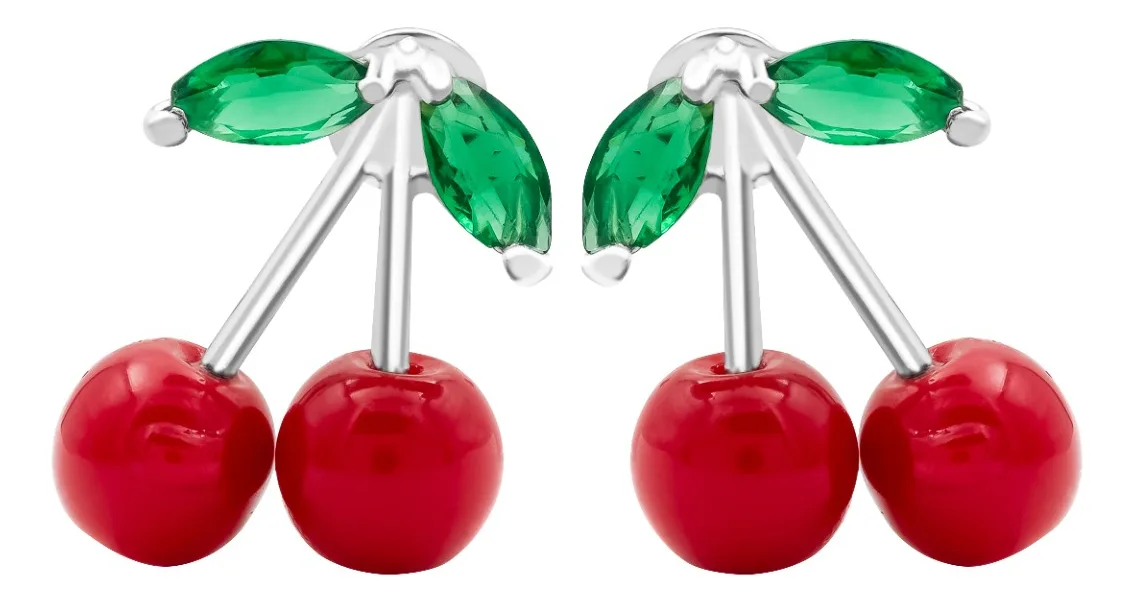 Aretes Broquel Plata 925 Diseño Cereza Roja Fina - Imagen 1