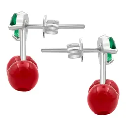 Aretes Broquel Plata 925 Diseño Cereza Roja Fina - Imagen 3