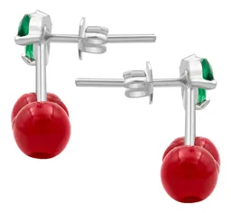 Aretes Broquel Plata 925 Diseño Cereza Roja Fina - Imagen 3