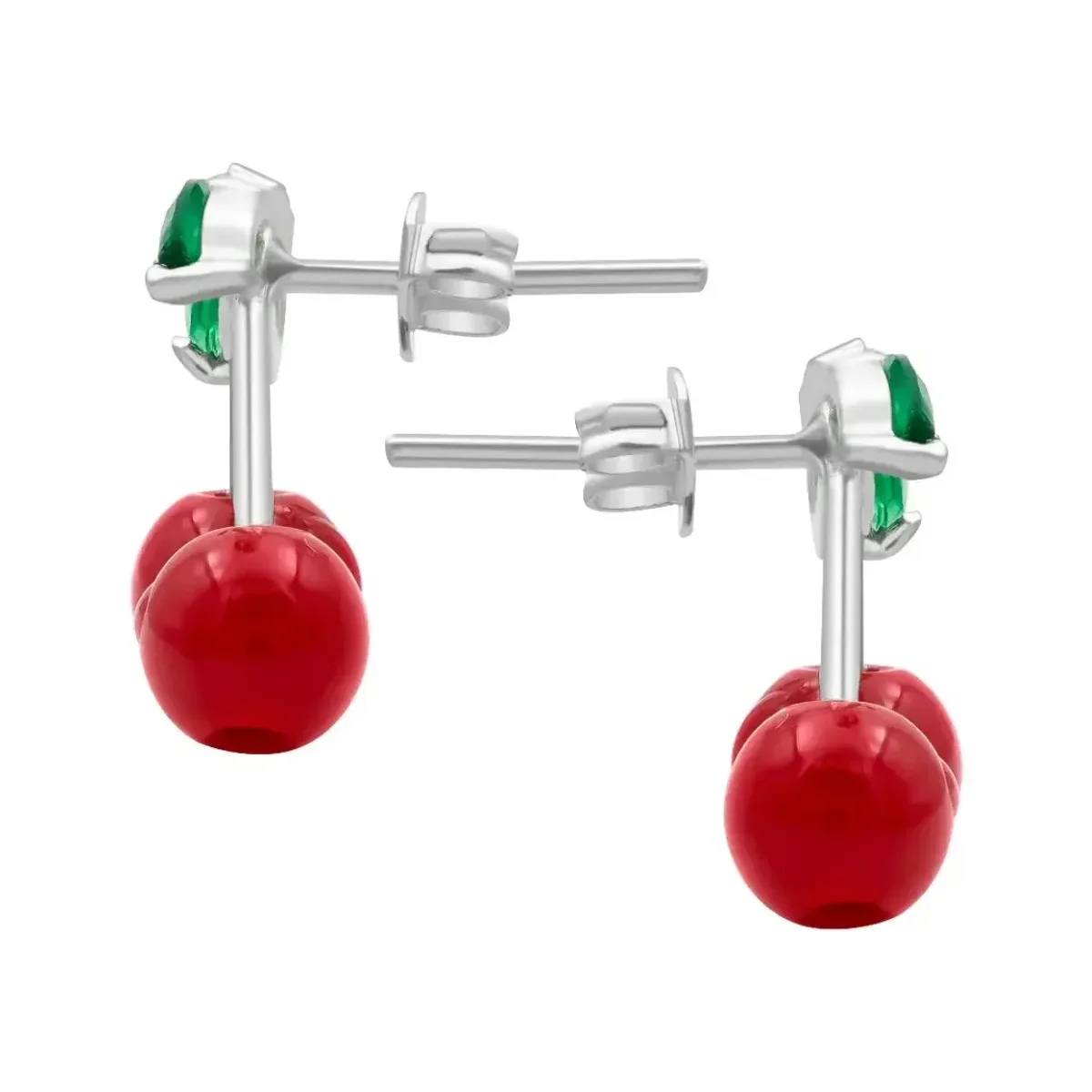 Aretes Broquel Plata 925 Diseño Cereza Roja Fina - Imagen 3
