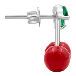Aretes Broquel Plata 925 Diseño Cereza Roja Fina - Imagen 4