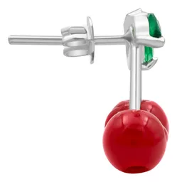 Aretes Broquel Plata 925 Diseño Cereza Roja Fina - Imagen 4