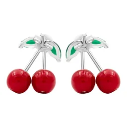 Aretes Broquel Plata 925 Diseño Cereza Roja Fina - Imagen 5