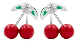 Aretes Broquel Plata 925 Diseño Cereza Roja Fina - Imagen 5