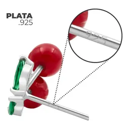 Aretes Broquel Plata 925 Diseño Cereza Roja Fina - Imagen 7