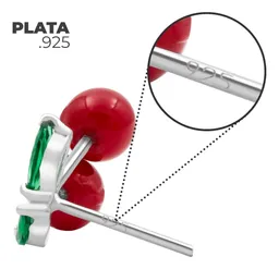 Aretes Broquel Plata 925 Diseño Cereza Roja Fina - Imagen 7