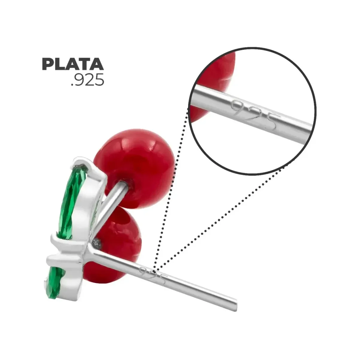 Aretes Broquel Plata 925 Diseño Cereza Roja Fina - Imagen 7