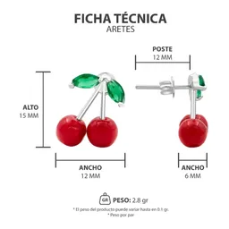 Aretes Broquel Plata 925 Diseño Cereza Roja Fina - Imagen 8