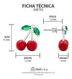 Aretes Broquel Plata 925 Diseño Cereza Roja Fina - Imagen 8
