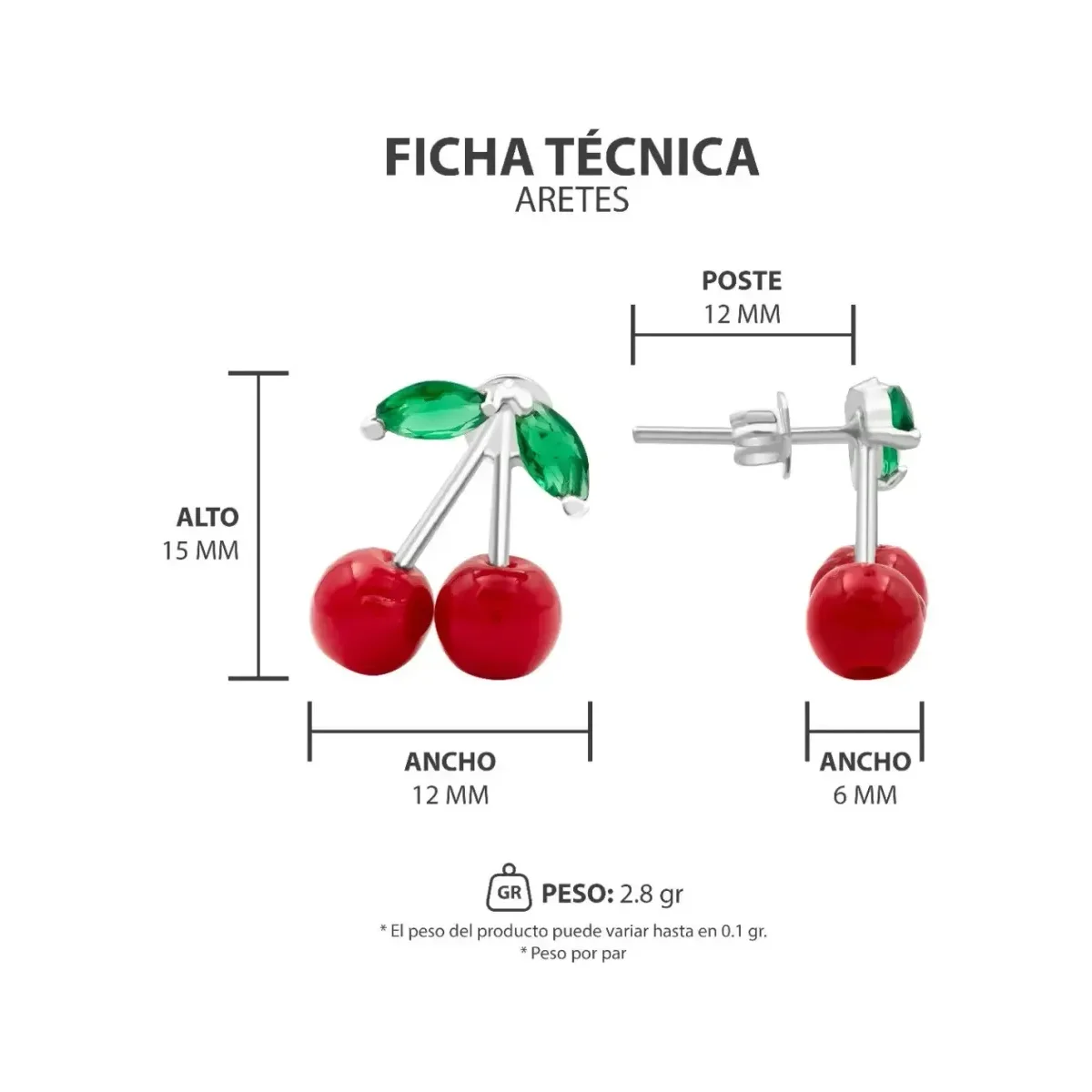 Aretes Broquel Plata 925 Diseño Cereza Roja Fina - Imagen 8