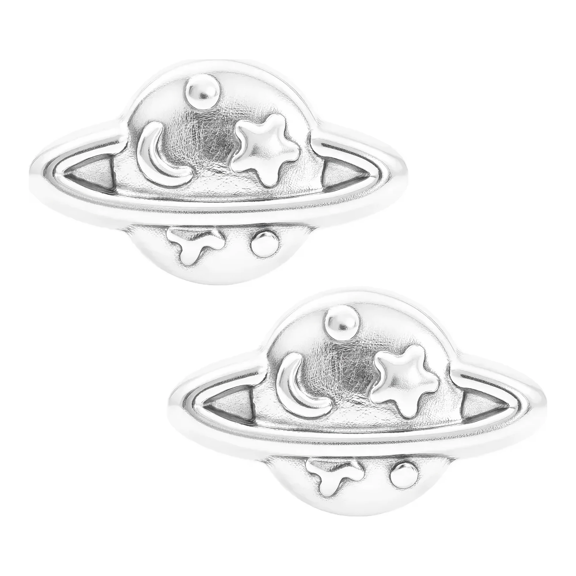 Aretes Broquel Plata 925 diseño celestial Saturno, lunas y estrellas. Joyería moderna minimalista unisex, tono plata brillant