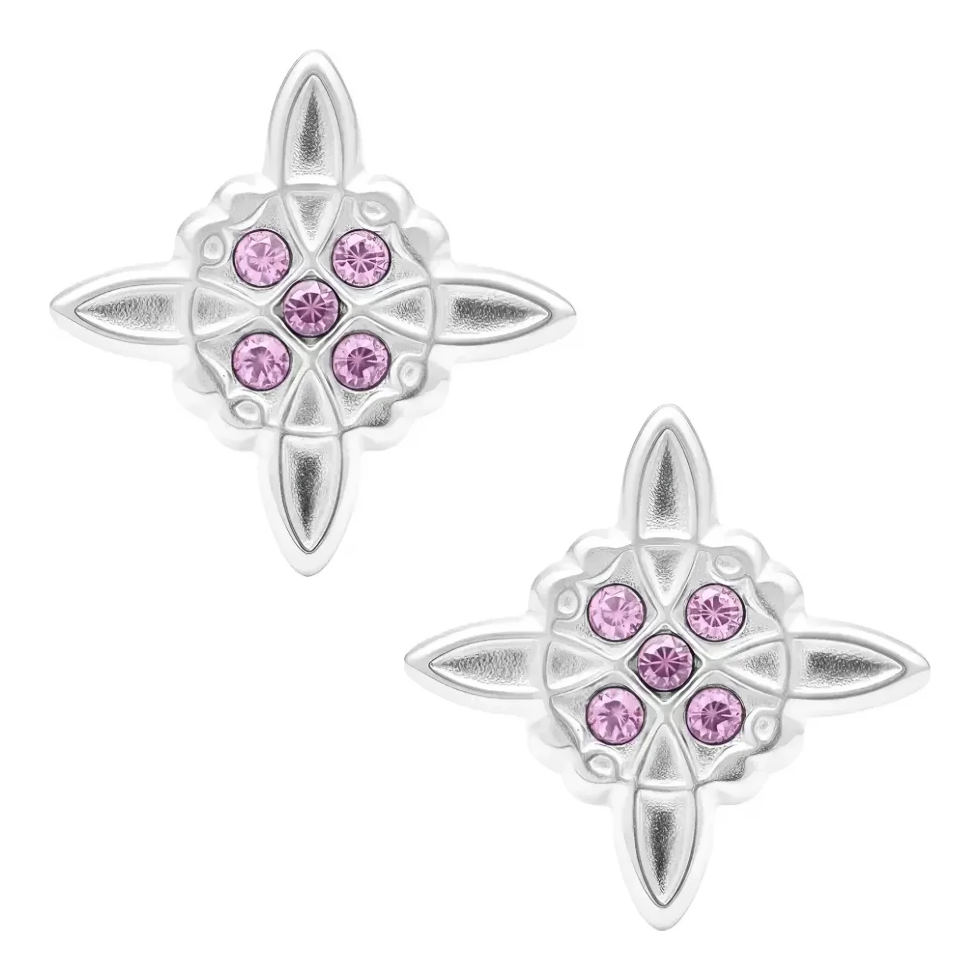 Aretes broquel de plata .925 nacional diseño nudo de bruja con zirconia morada amuleto de protección símbolo celta a rosca