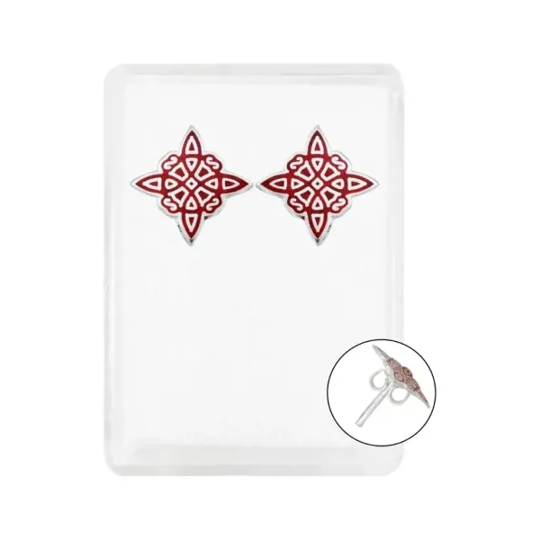 Aretes de plata .925 rojo broquel Nudo de Bruja diseno esmaltado laser — Joyaris
