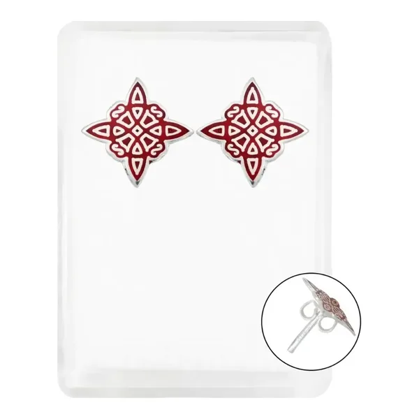 Aretes de plata .925 rojo broquel Nudo de Bruja diseno esmaltado laser — Joyaris