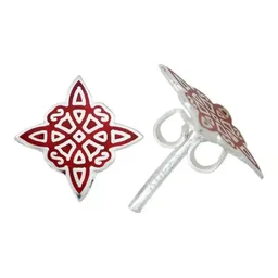 Aretes Broquel Plata 925 Nudo Bruja Esmaltado Rojo - Imagen 2