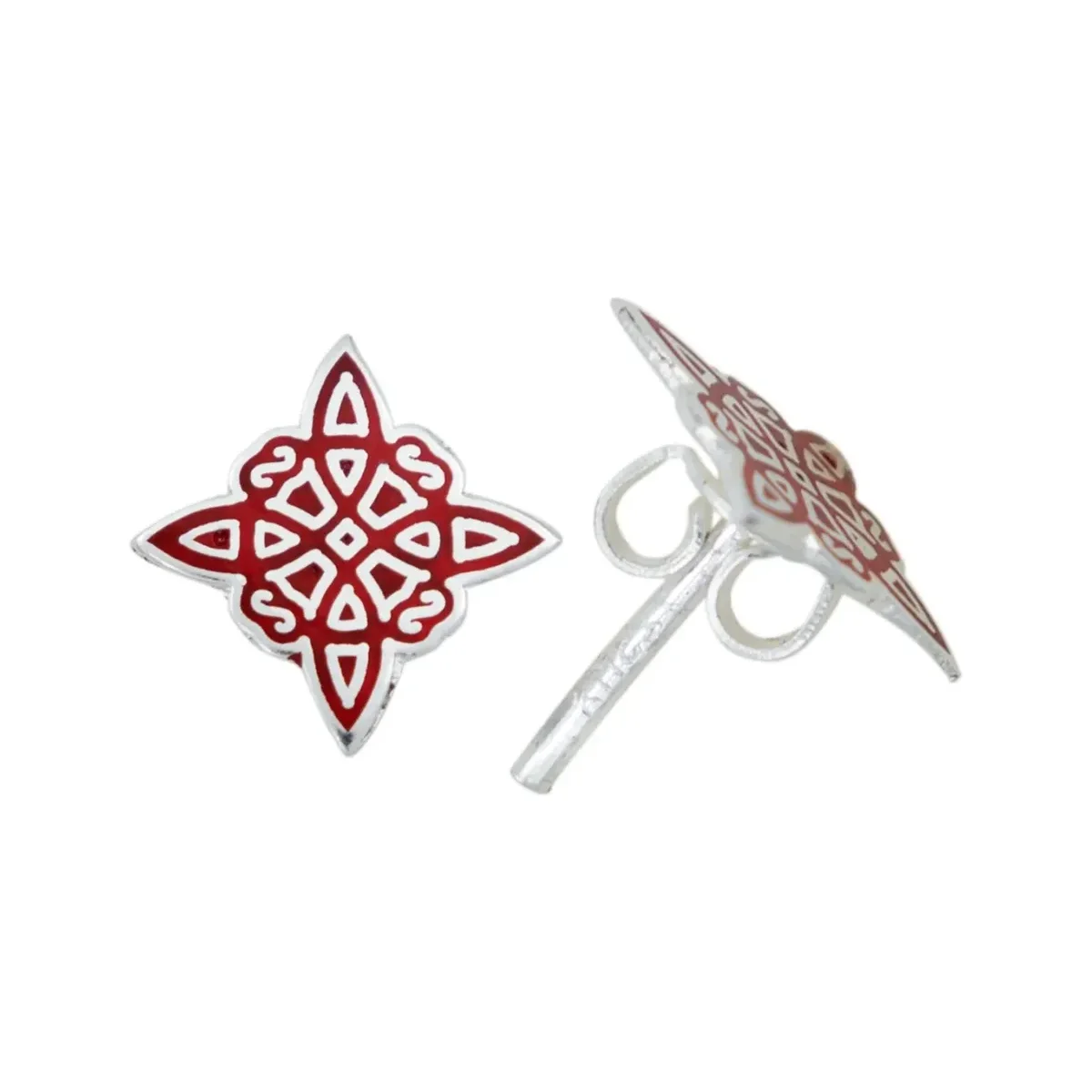 Aretes Broquel Plata 925 Nudo Bruja Esmaltado Rojo - Imagen 2