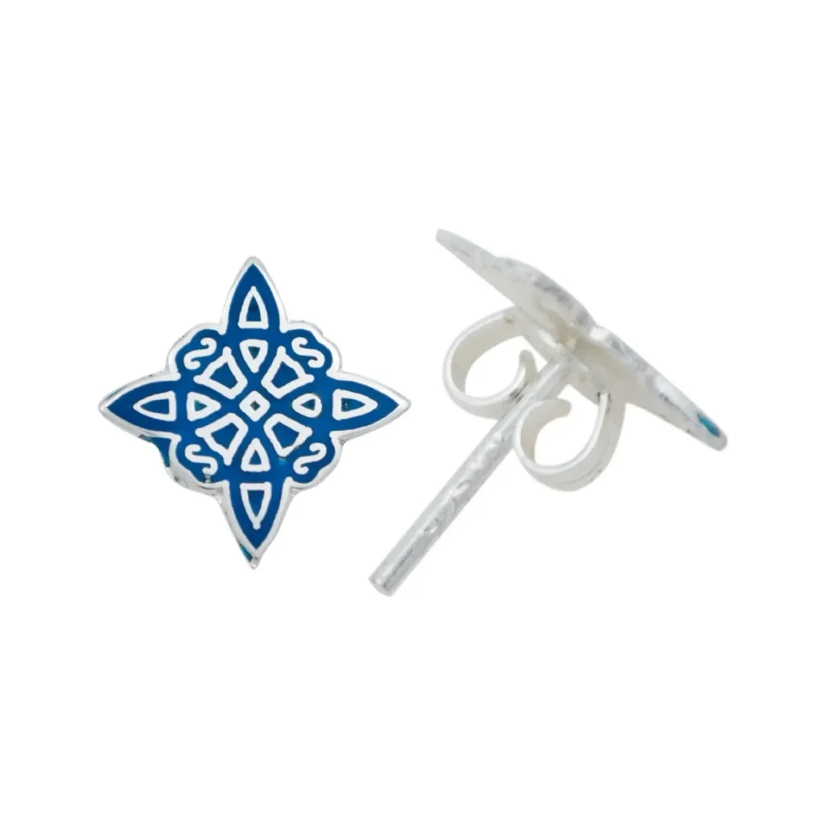 Aretes Broquel Plata 925 Nudo de Bruja Esmaltado Azul - Imagen 2