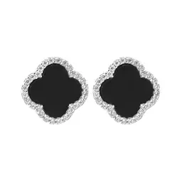 Aretes Broquel Plata .925 Trébol Cuatro Hojas con Zirconia - Imagen 1