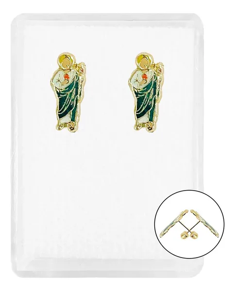 Aretes Broquel Oro 10k San Judas Esmaltado Dije Religioso Mujer - Imagen 1