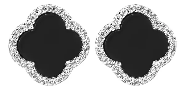 Aretes Broquel Trébol Cuatro Hojas Plata .925 con Zirconia - Imagen 1