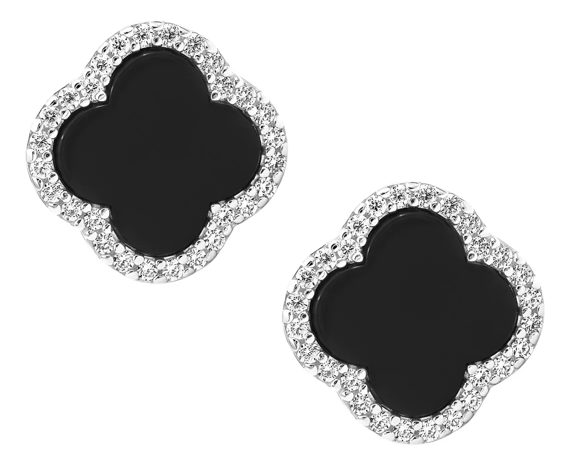 Aretes Broquel Trébol Cuatro Hojas Plata .925 con Zirconia - Imagen 1