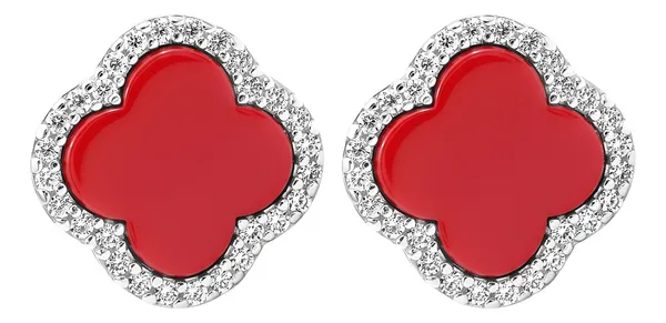aretes de plata .925 rojo zirconia trebol cuatro hojas — Joyaris