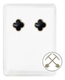 Aretes Broquel Oro 10k Trébol Esmaltado Negro - Imagen 1