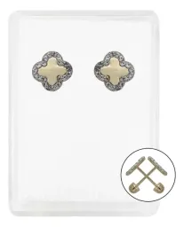 Aretes Broquel Oro 10k Trébol Flor Zirconia 8mm - Imagen 1