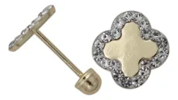 Aretes Broquel Oro 10k Trébol Flor Zirconia 8mm - Imagen 4