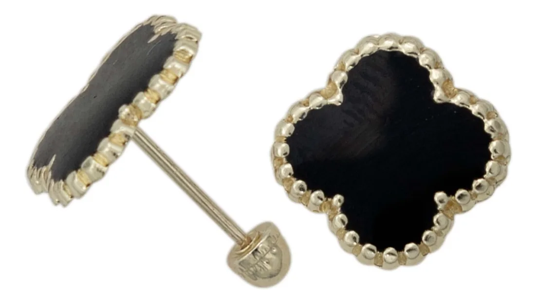 Aretes Broquel Trebol Flor Esmaltado Oro 10k - Imagen 4