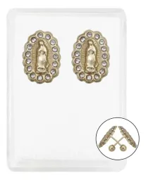 Aretes Broquel Oro 10k Virgen Guadalupe Zirconia Transparente - Imagen 1