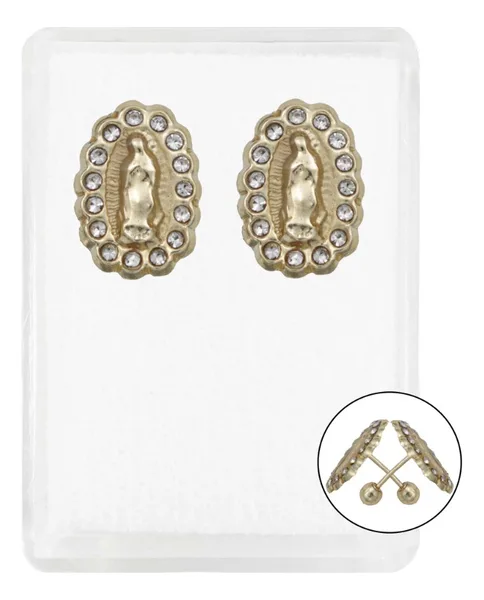 Aretes Broquel Oro 10k Virgen Guadalupe Zirconia Transparente - Imagen 1