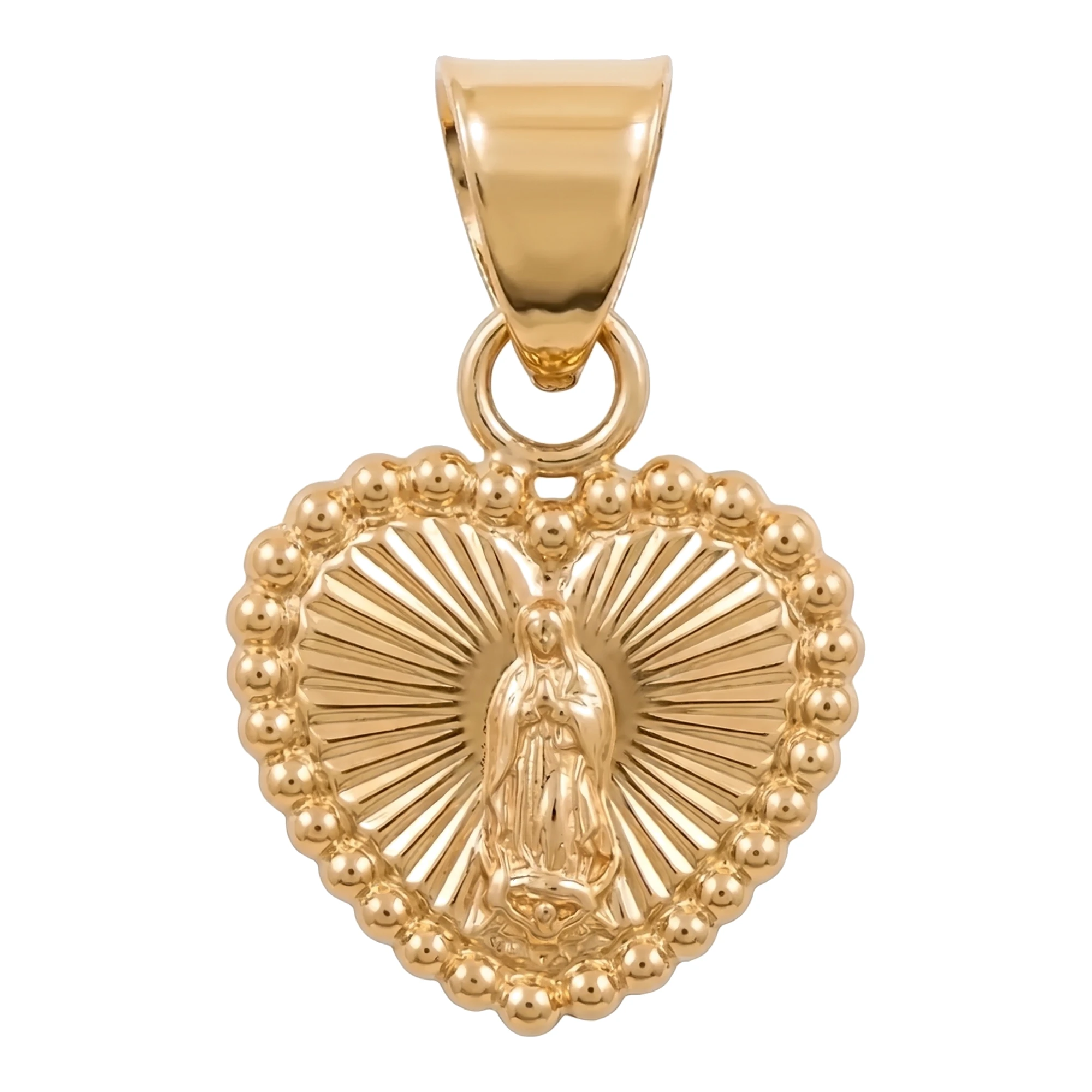 Dije corazón Virgen de Guadalupe de Oro 10k amarillo diamantado de 15 mm - Joyaris joyería fina mexicana
