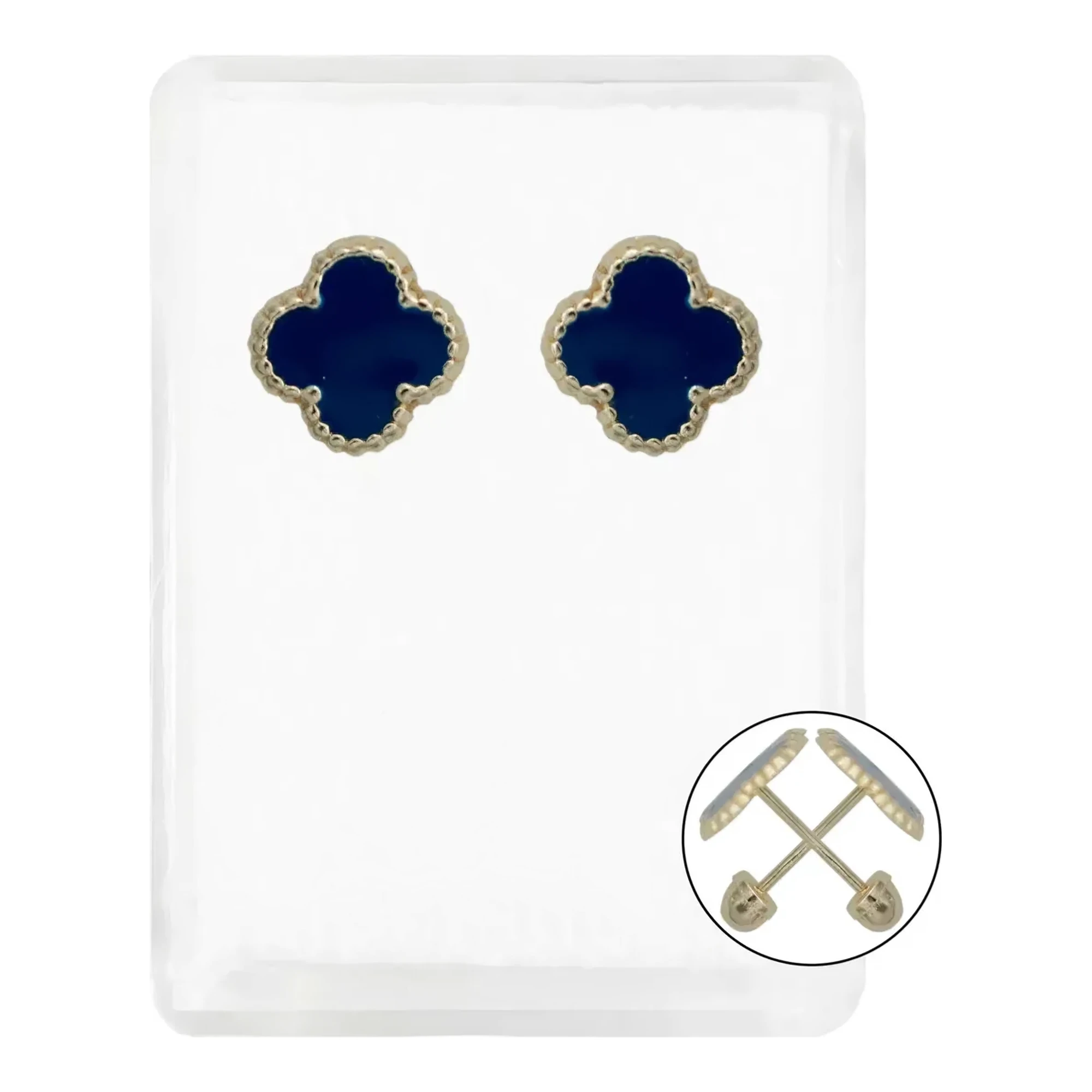 Aretes broquel de oro 10k trébol esmaltado azul - Joyaris joyería fina artesanal mexicana