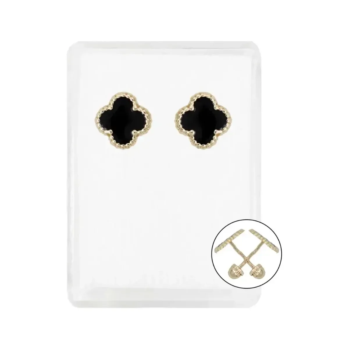 Aretes colgantes de oro 10k con diseño de trébol de cuatro hojas esmaltado en negro. Joyería de oro 10k minimalista y moderna