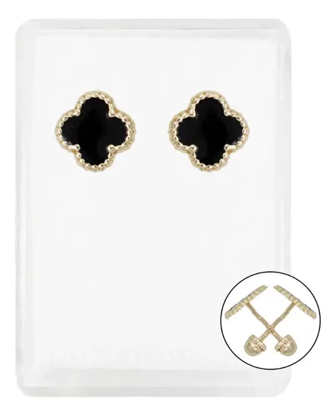 Aretes Colgante Oro 10k Trébol Esmaltado Negro - Imagen 1