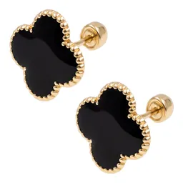 Aretes Colgante Oro 10k Trébol Esmaltado Negro - Imagen 1