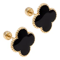 Aretes Colgante Oro 10k Trébol Esmaltado Negro - Imagen 2