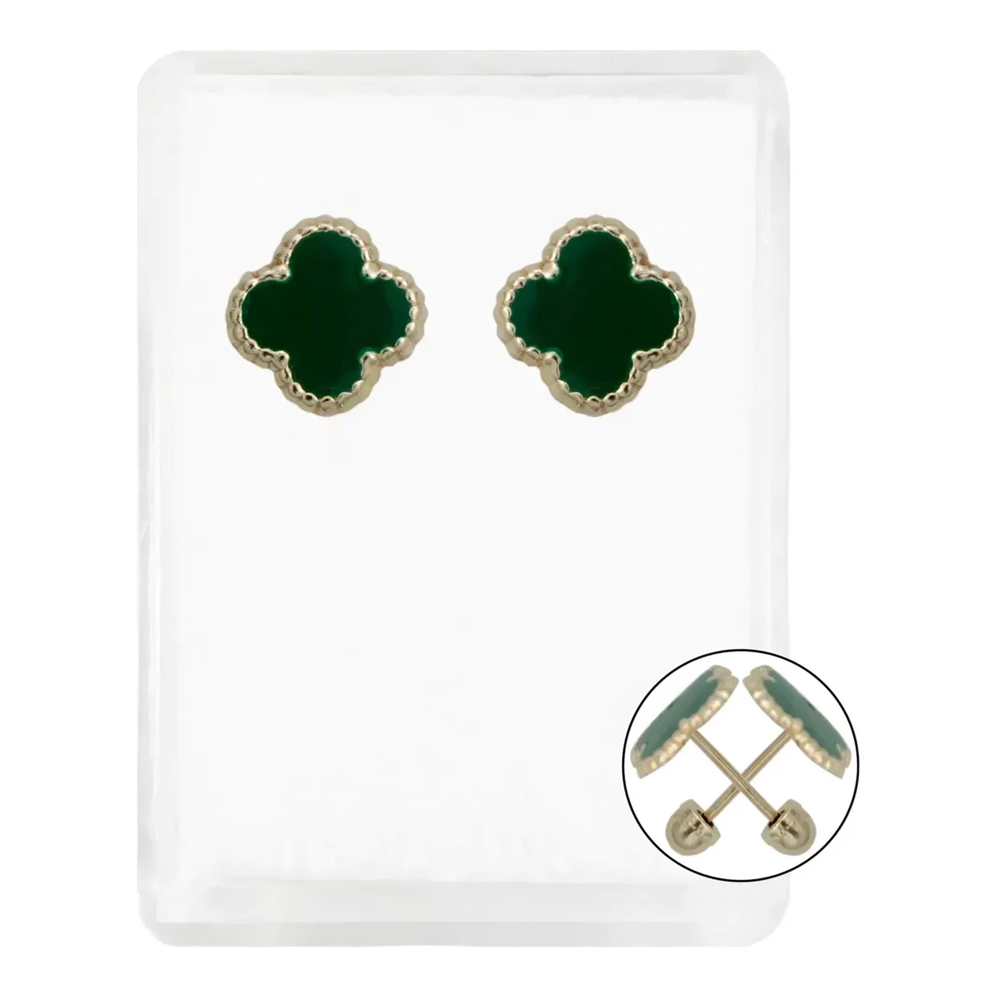 Aretes broquel oro 10k trébol esmaltado verde unisex - Joyaris joyería fina mexicana