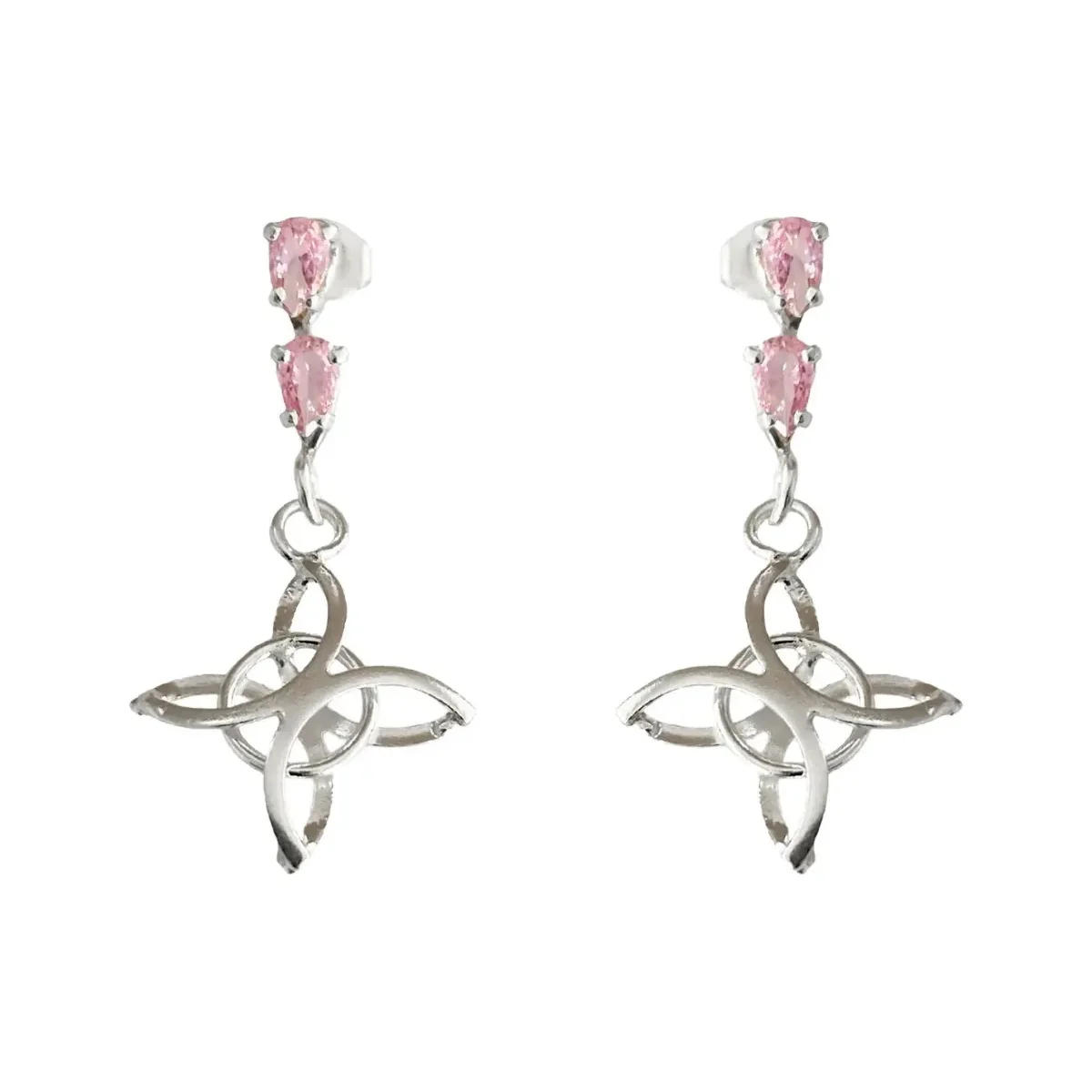 Aretes colgantes de Plata .925 Nudo de Bruja con Zirconia Rosa, joyería esotérica de plata mexicana moderna para mujer.