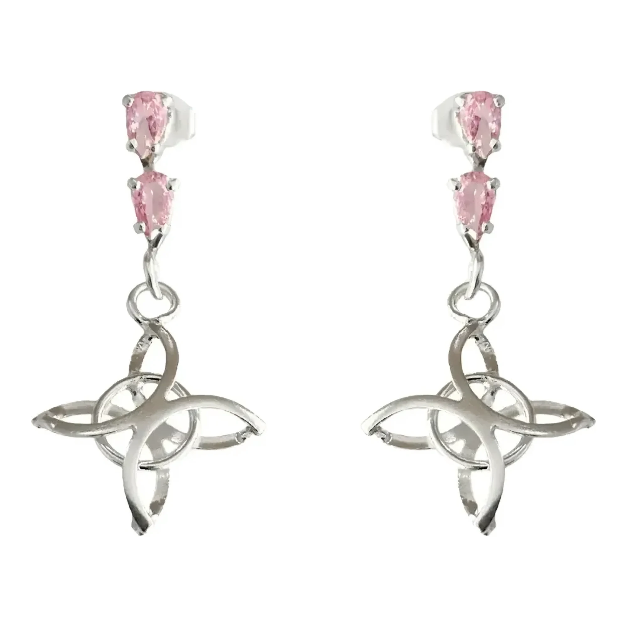 Aretes colgantes nudo de bruja original en plata ley 925 con zirconia rosa brillante y broche a presion joyeria celta