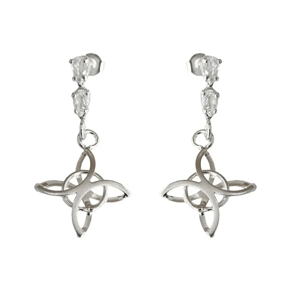Aretes Broquel Plata 925 Nudo Bruja Zirconia transparente, diseño místico y elegante. Ideal como regalo mamá, joyería de plat