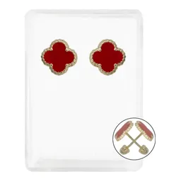 Aretes Colgantes Oro 10k Trébol Esmaltado Rojo - Imagen 1