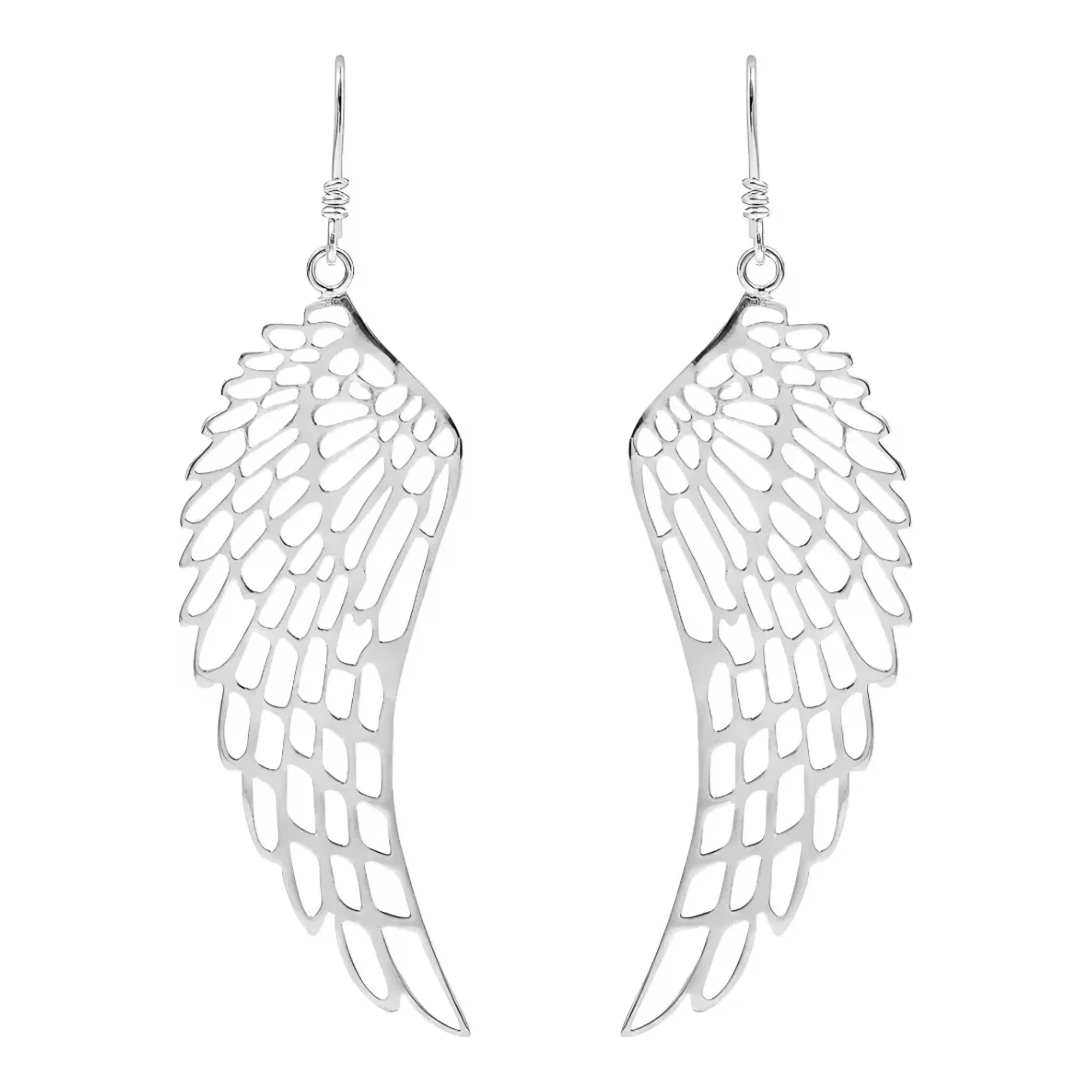 Aretes colgantes de plata .925 pura calados con diseño de alas de ángel guardián plateadas y broche tipo gancho para mujer
