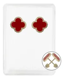 Aretes Colgantes Oro 10k Trébol Esmaltado Rojo - Imagen 1