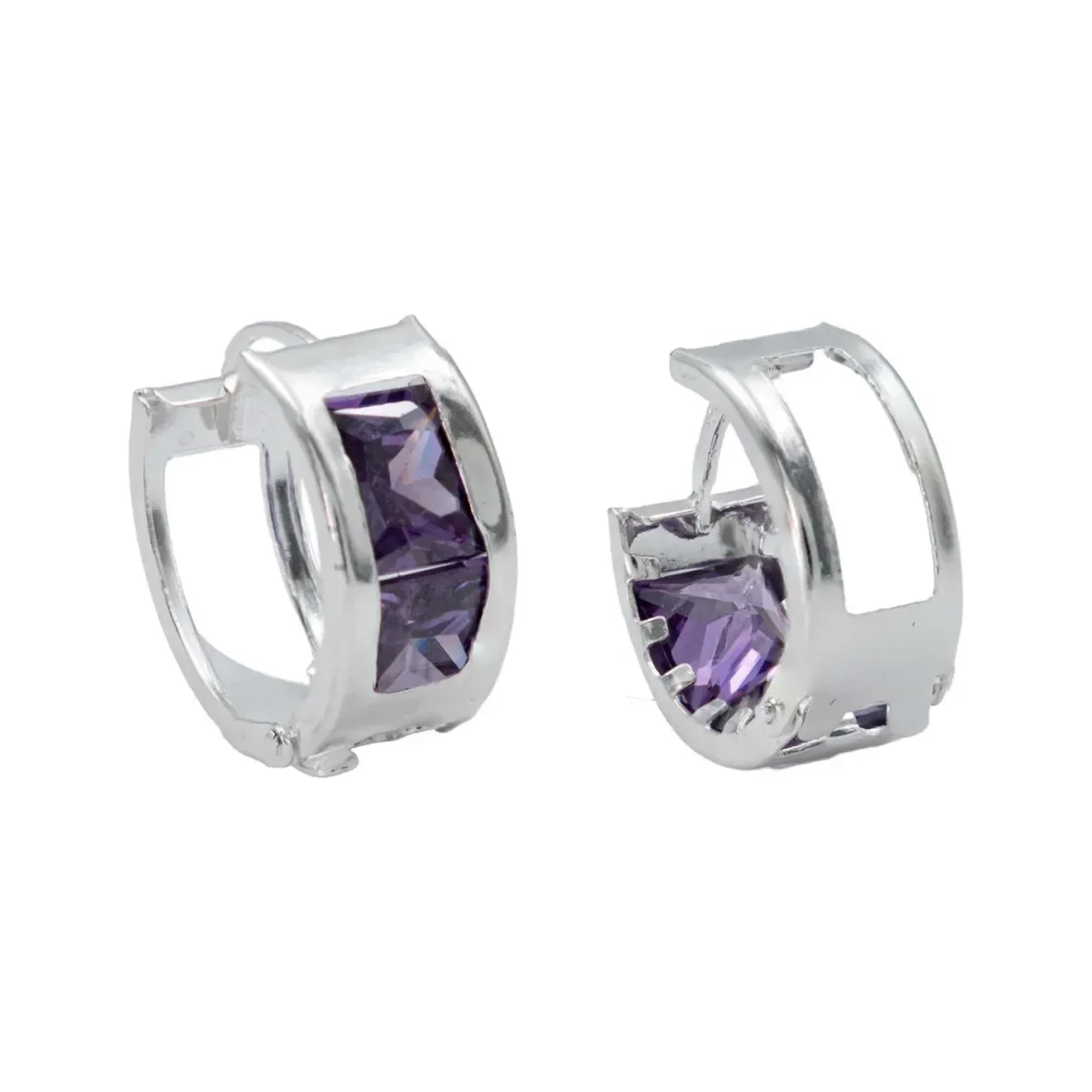 Aretes Huggies Plata 925 con zirconias violetas colgantes - Joyaris joyería fina mexicana